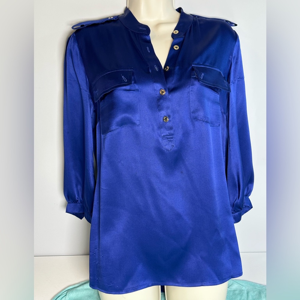 Trina Turk, Ultramarine Blue Purple, Silk, Satin Blouse, Glam, Office Siren, 6